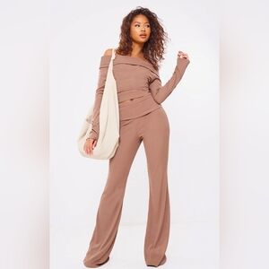 PrettyLittleThing Mocha Off-Shoulder Crop Top And Flare Leggings Set Sz. 8